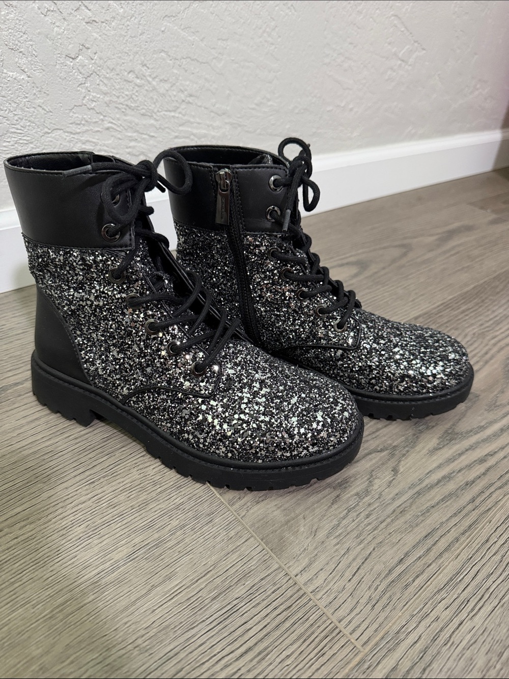 Michael Kors Black Silver Glitter Lace-Up Combat Boots